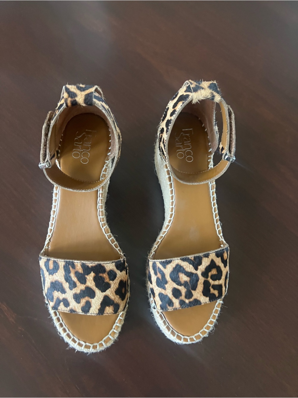 Franco Sarto Leopard Calf Hair Espadrille Wedge Sandals Size 9. New